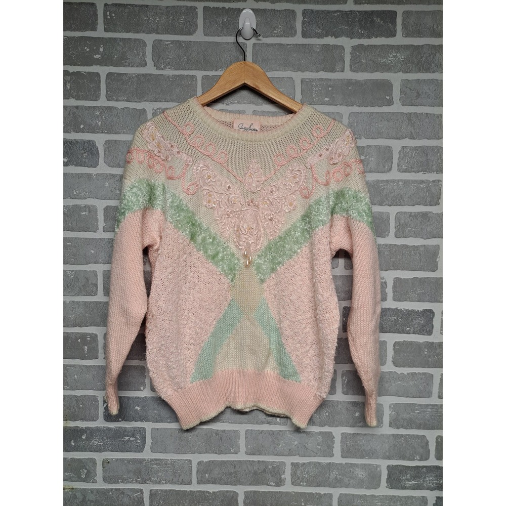 Women's Jaclyn Smith Vintage Pastel Pearl/Bead Pullover Sweater Crew-Neck Size M
